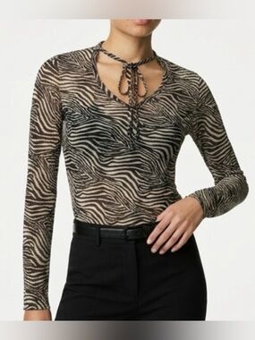 Vintage Express Zebra Print Mesh Top Y2K Sheer Long Sleeve Shirt Tie Neck S